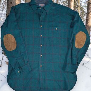 Pendleton 100% Virgin Wool Trail Shirt Teal Plaid Tartan Mens LARGE Vintage
